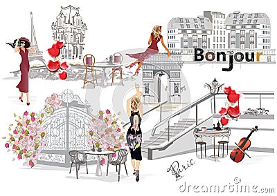 Set of Parisian symbols with the Eiffel tower, fashion girls and lettering Bonjour, fashion girls in hats, architectural elements. Cartoon Illustration